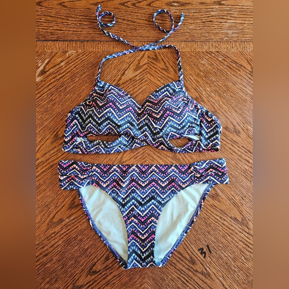 Sz L Xhilaration Blue Pink Chevron Halter Crossover Bikini Set Bathing Suit Swim